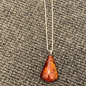Vintage Natural Baltic Honey Amber Pendant Necklace / Sterling Silver Rope Chain